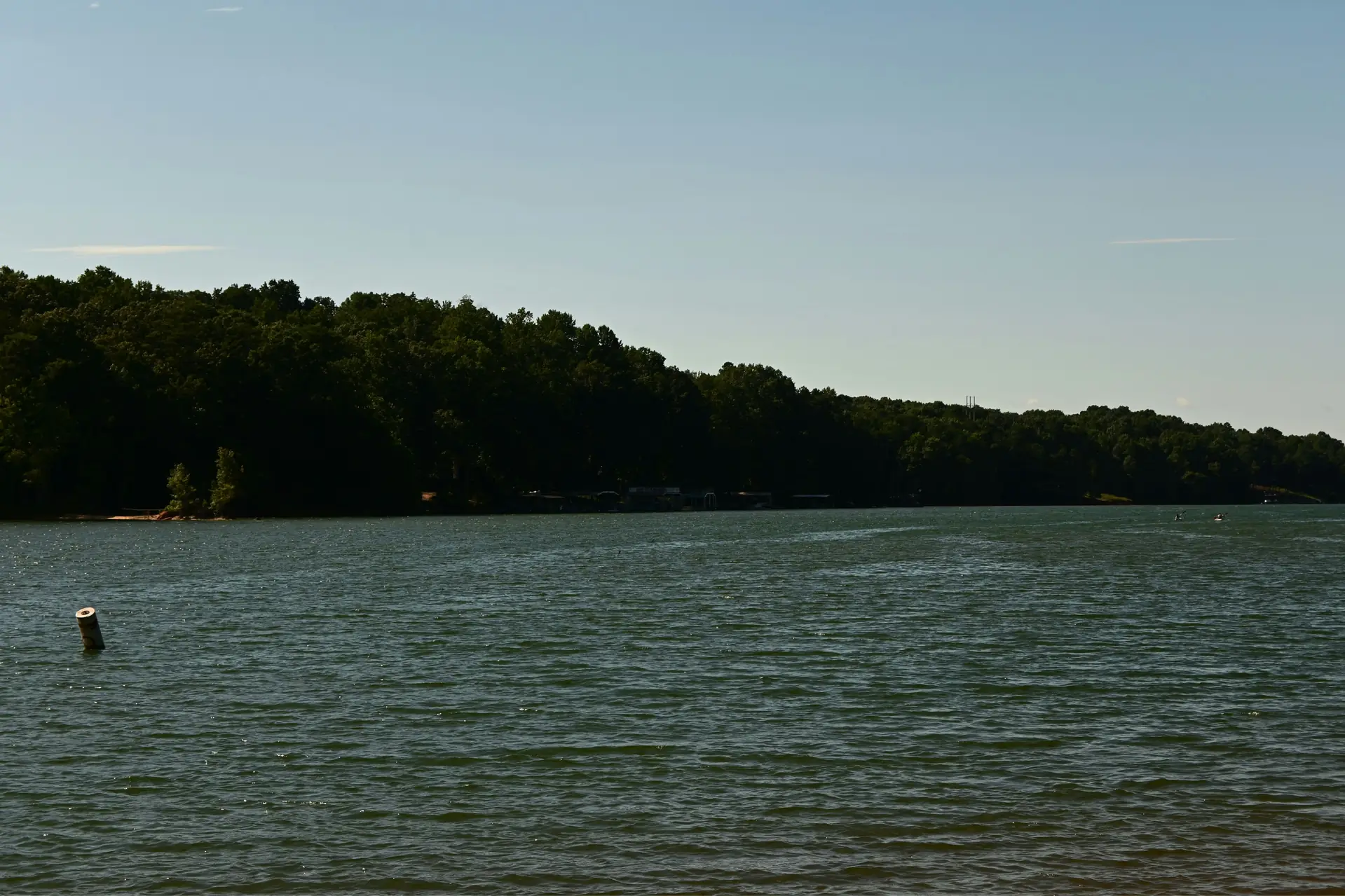 Calm lake edged by wooded shoreline in the north Georgia foothills